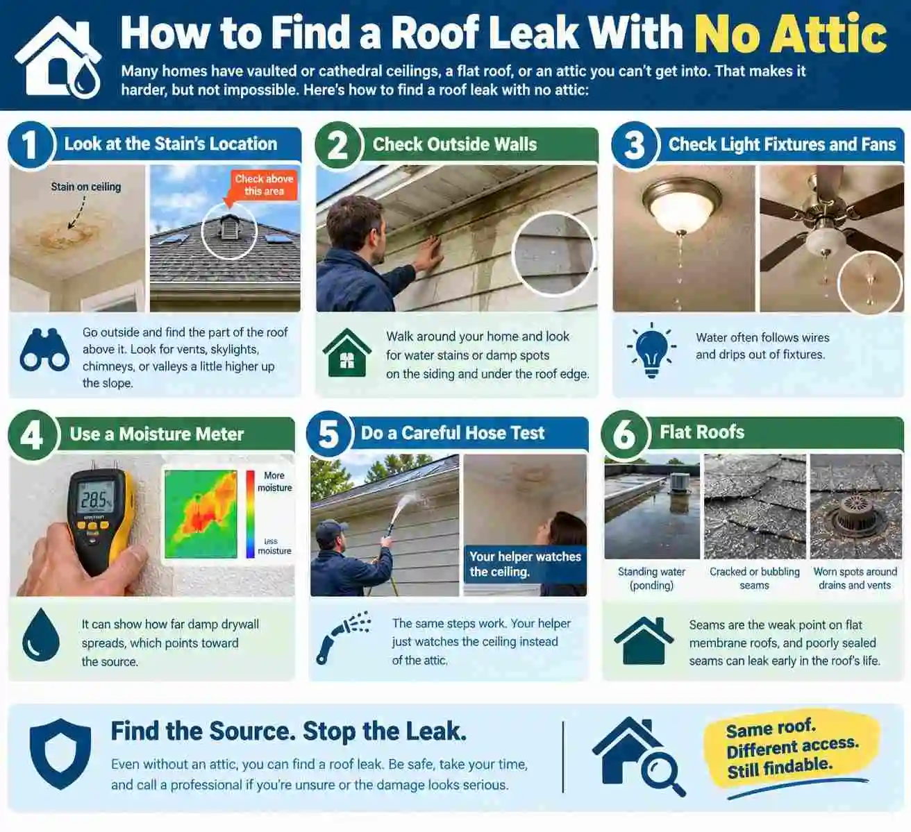 How to find a roof leak with no attic